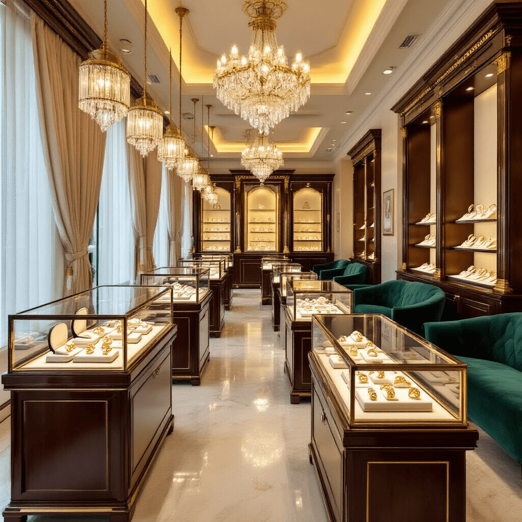 Finding Your Perfect Gold Ring: A Journey Through Styles, Quality, and Smart Shopping Luxurious jewelry boutique showroom with elegant glass display cases filled with gold rings, mahogany fixtures, cream marble countertops, and emerald green velvet seating, illuminated by warm pendant lights and natural light through sheer curtains, creating a sophisticated atmosphere.