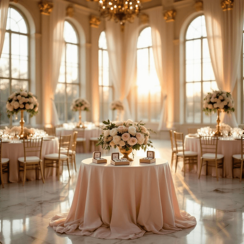 Finding the Perfect Gold Promise Ring: Your Guide to Symbols of Forever Elegant indoor ballroom at golden hour, featuring a romantic promise ring presentation with soft sunlight streaming through tall arched windows. Round tables dressed in blush pink silk and adorned with low floral centerpieces, surrounded by a beautifully arranged proposal setup. Vintage promise rings displayed on velvet cushions, accented by delicate fairy lights and candlelight, creating an intimate, luxurious atmosphere.