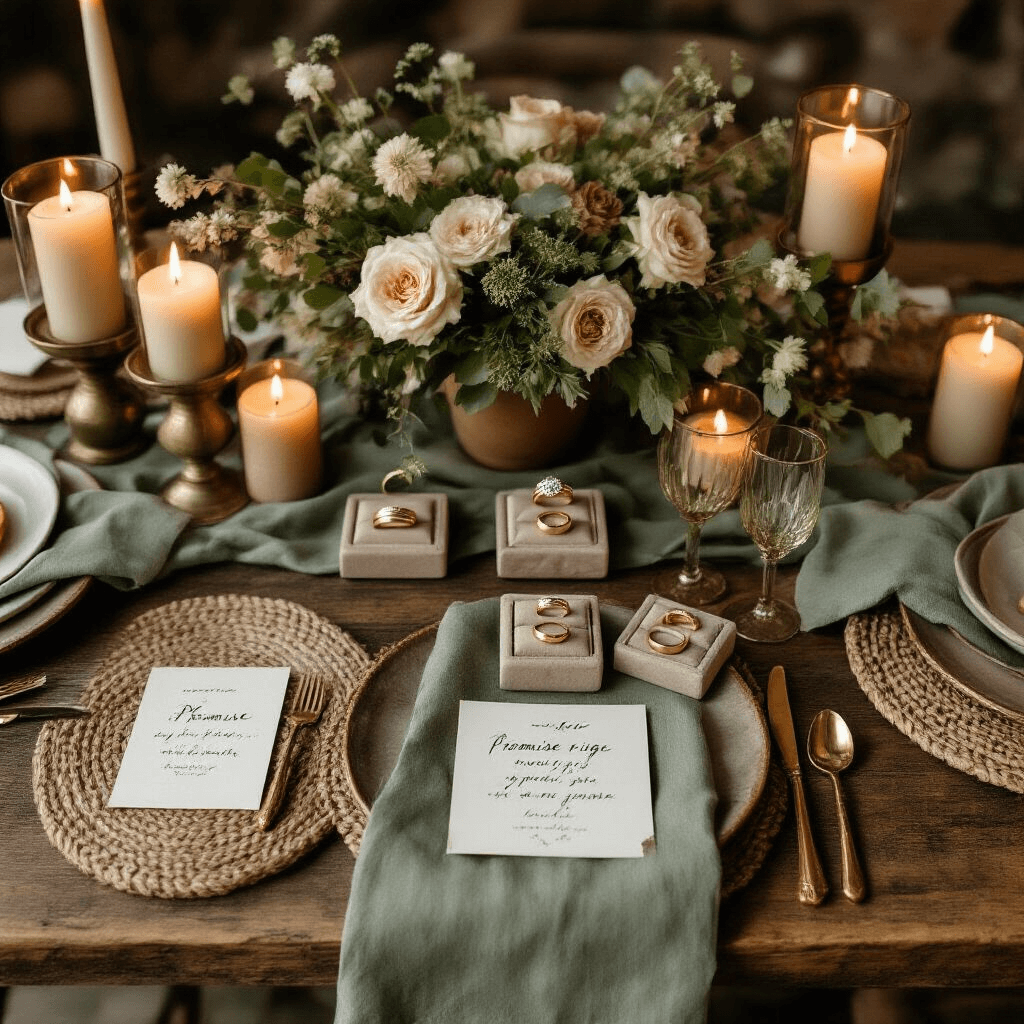 Finding the Perfect Gold Promise Ring: Your Guide to Symbols of Forever Overhead flat lay of a cozy dining nook for a promise ring celebration, featuring a rustic wooden table with terracotta and sage linens, gold promise rings on marble stands, fresh muted florals, vintage brass candle holders, calligraphy place cards, textured ceramic dinnerware, and ambient candlelight creating warm reflections.