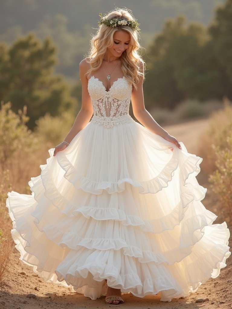 25 Western Wedding Dresses for a Rustic Romantic Celebration 17. Tiered Skirts with Ruffles