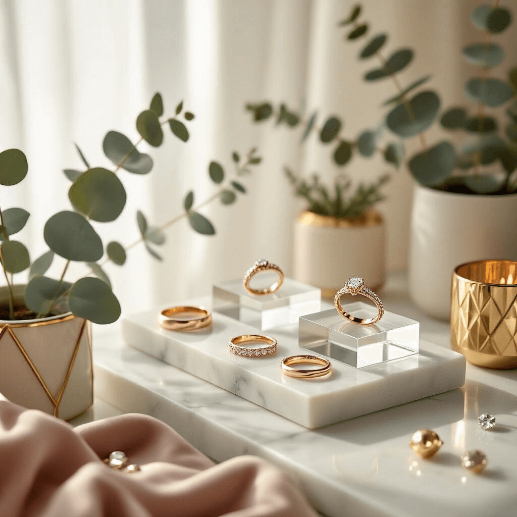 Finding the Perfect Gold Promise Ring: Your Guide to Symbols of Forever Close-up of a modern apartment showcasing vintage-style rose gold promise rings on a white marble countertop, illuminated by soft morning light filtering through sheer curtains. The display features minimalist acrylic stands, potted eucalyptus, gold candle holders, and scattered diamonds on velvet, highlighting intricate details of the rings in cream and soft gold tones.