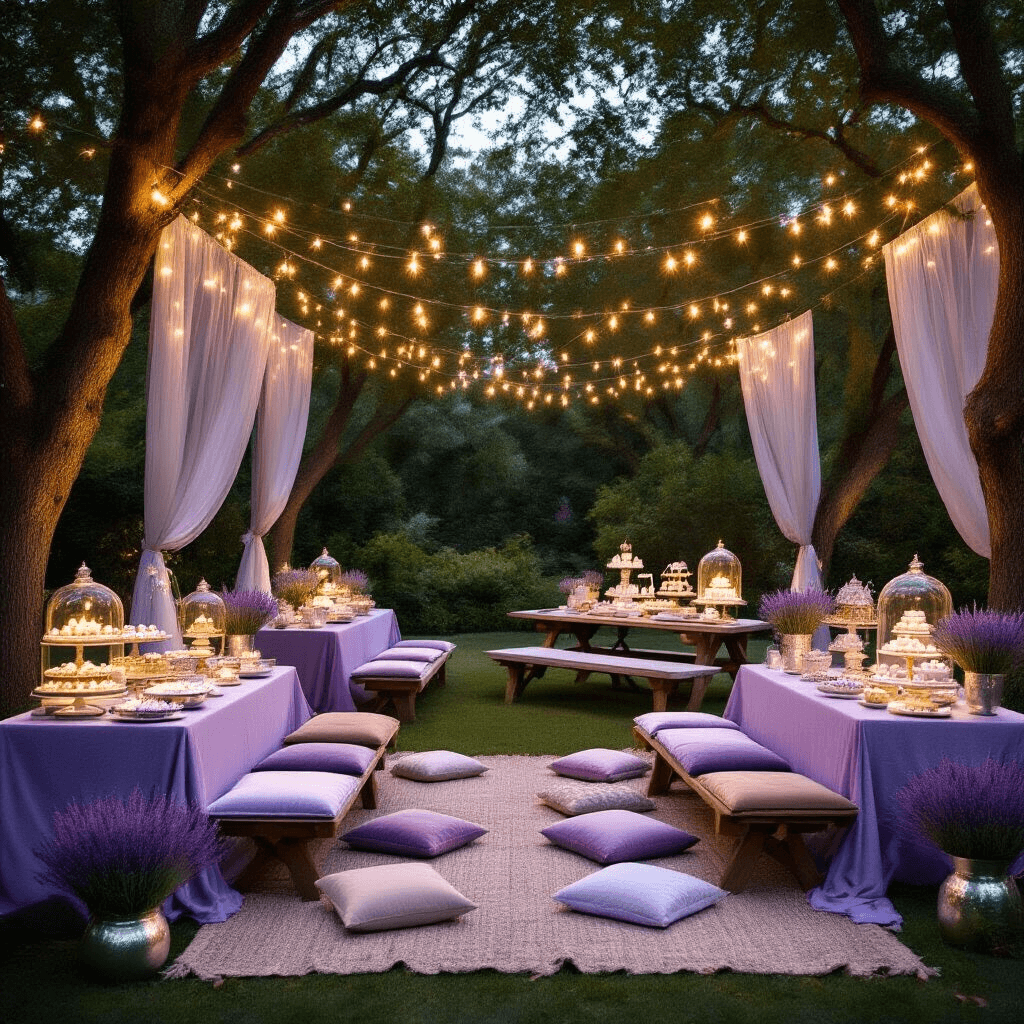 Finding the Perfect Gold Promise Ring: Your Guide to Symbols of Forever Wide-angle shot of a whimsical backyard garden party setup for a promise ring celebration, featuring low picnic tables with lavender and silver linens, oversized velvet cushions, and magical overhead string lights among mature trees. Dessert carts display promise ring-inspired treats and jewelry in vintage cloches, while fresh lavender bouquets in silver vases adorn each table. Sheer silver drapery and personalized calligraphy signage add to the romantic atmosphere.