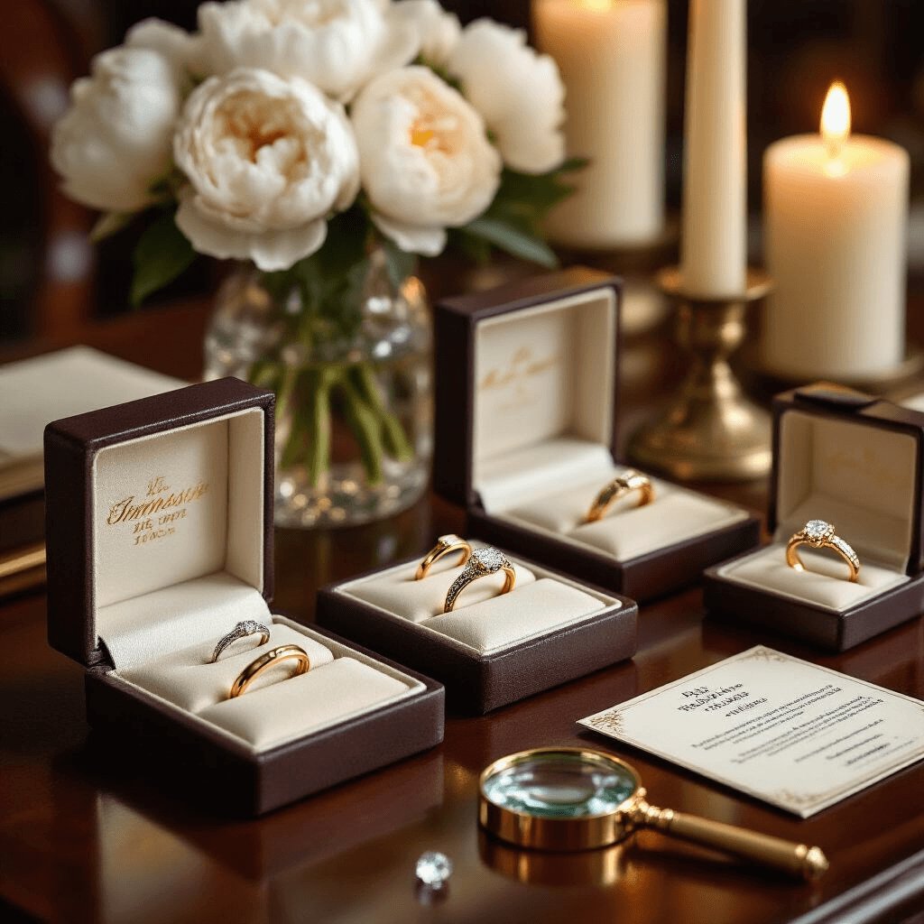 Finding the Perfect Gold Promise Ring: Your Guide to Meaningful Jewelry That Won't Break the Bank Close-up flat lay of a luxury jewelry shopping experience on a mahogany dining table, featuring gold promise rings in silk-lined boxes, diamond cut education materials, candlelight, white peonies, a vintage magnifying glass, a leather ring sizing guide, and handwritten notes.