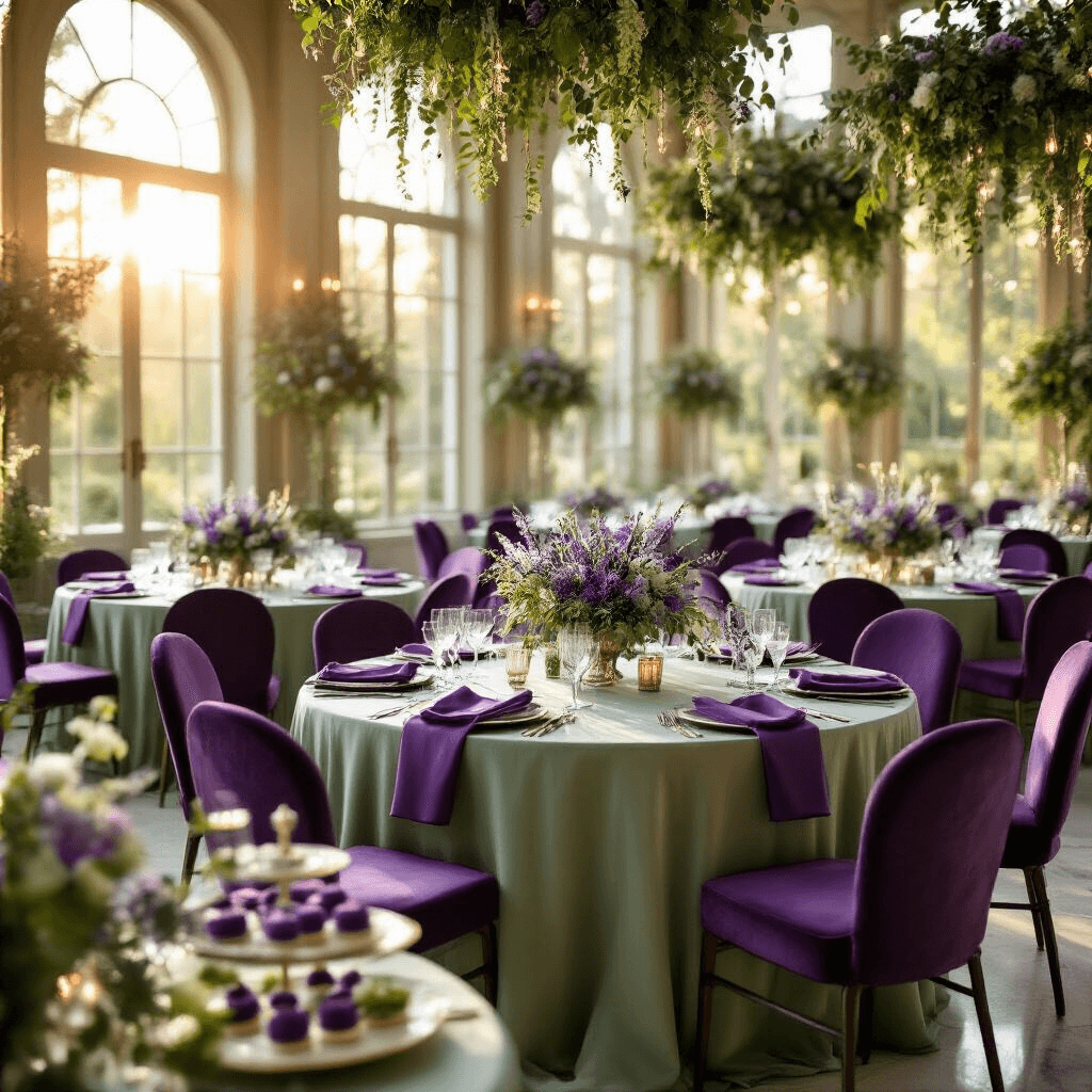 Why Purple and Green Together Transform Any Room Into a Garden Paradise Photorealistic wide-angle view of an elegant ballroom garden party during golden hour, featuring sage green silk-draped tables with deep purple napkins and lavender-eucalyptus centerpieces, illuminated by soft sunlight through tall windows, with purple velvet chair covers, fairy lights in floral installations, crystal glassware, and tiered desserts of purple macarons.