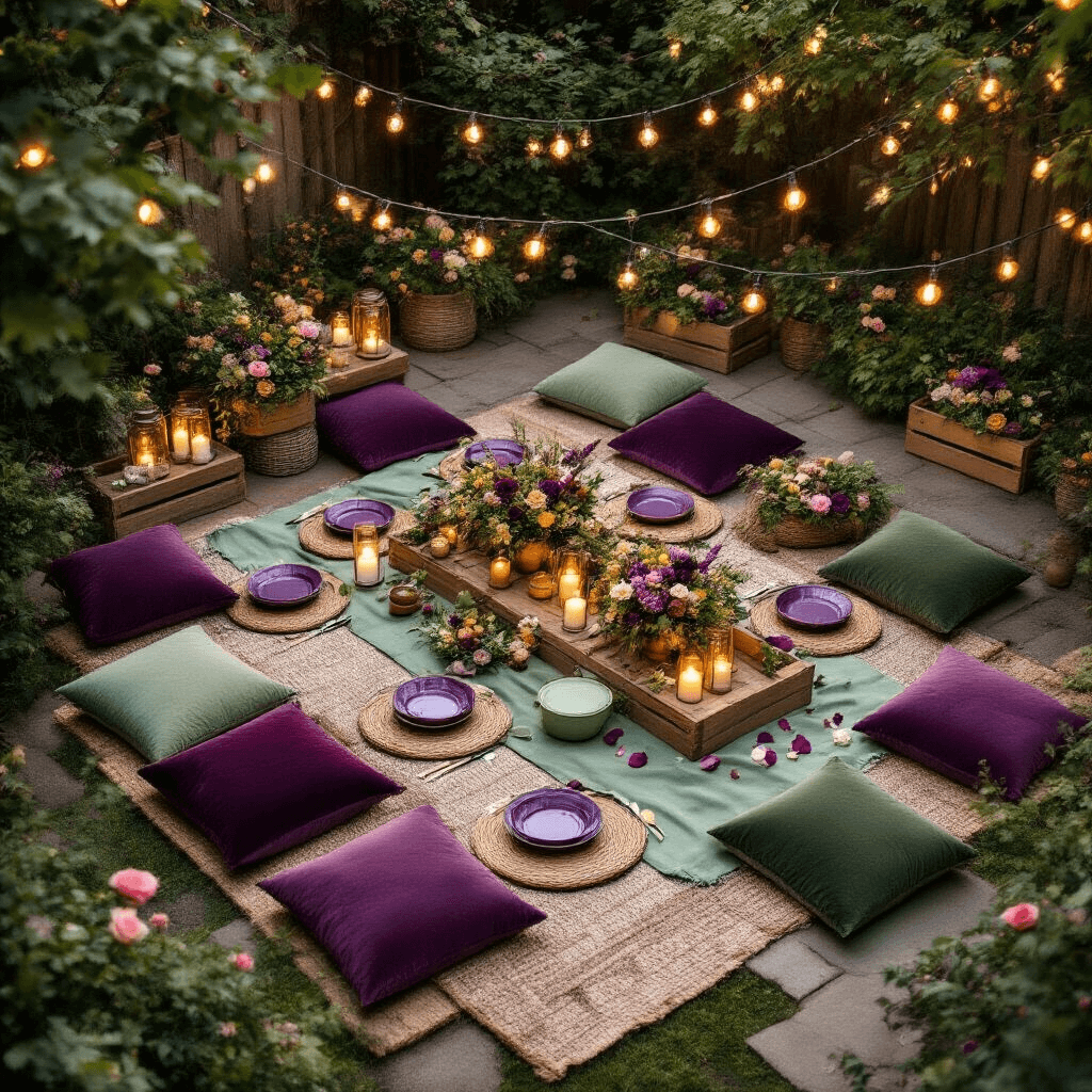 Why Purple and Green Together Transform Any Room Into a Garden Paradise Cinematic overhead shot of a stylish garden party featuring low wooden tables with plush velvet cushions, sage green runners, purple dishes, fresh florals, and candlelit mason jars, all illuminated by string lights in soft evening light.