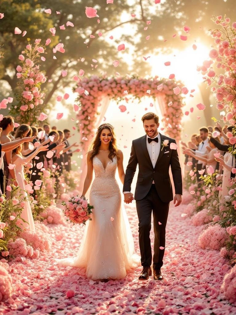 27 Light Pink Wedding Ideas for a Soft and Romantic Celebration Romantic wedding exit with pink rose petal toss