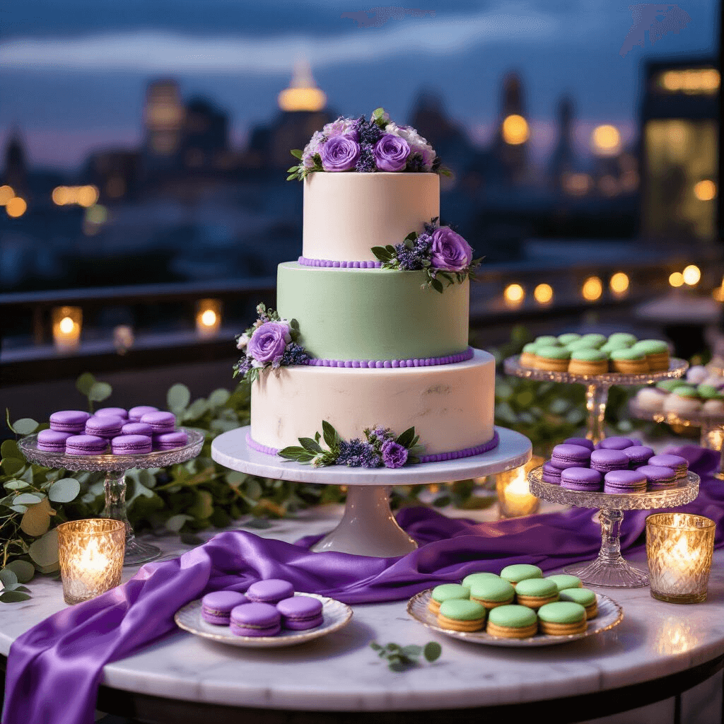 Why Purple and Green Together Transform Any Room Into a Garden Paradise Elegant dessert table on a rooftop terrace at night, featuring a three-tiered lavender buttercream cake, vintage glass cake stands with purple macarons and mint green petit fours, silk ribbons, candlelight, and personalized favor boxes in dusty purple with sage green ribbons.