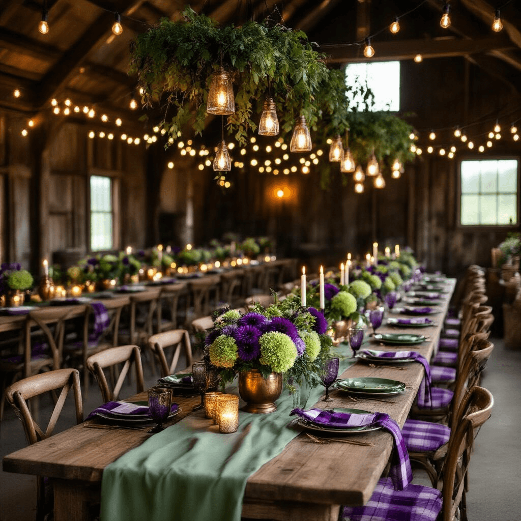 Why Purple and Green Together Transform Any Room Into a Garden Paradise Cozy candlelit indoor celebration in a rustic barn, featuring long wooden tables with sage green runners, deep purple and green floral centerpieces, mismatched chairs with plaid cushions, and warm bistro lights illuminating the space.