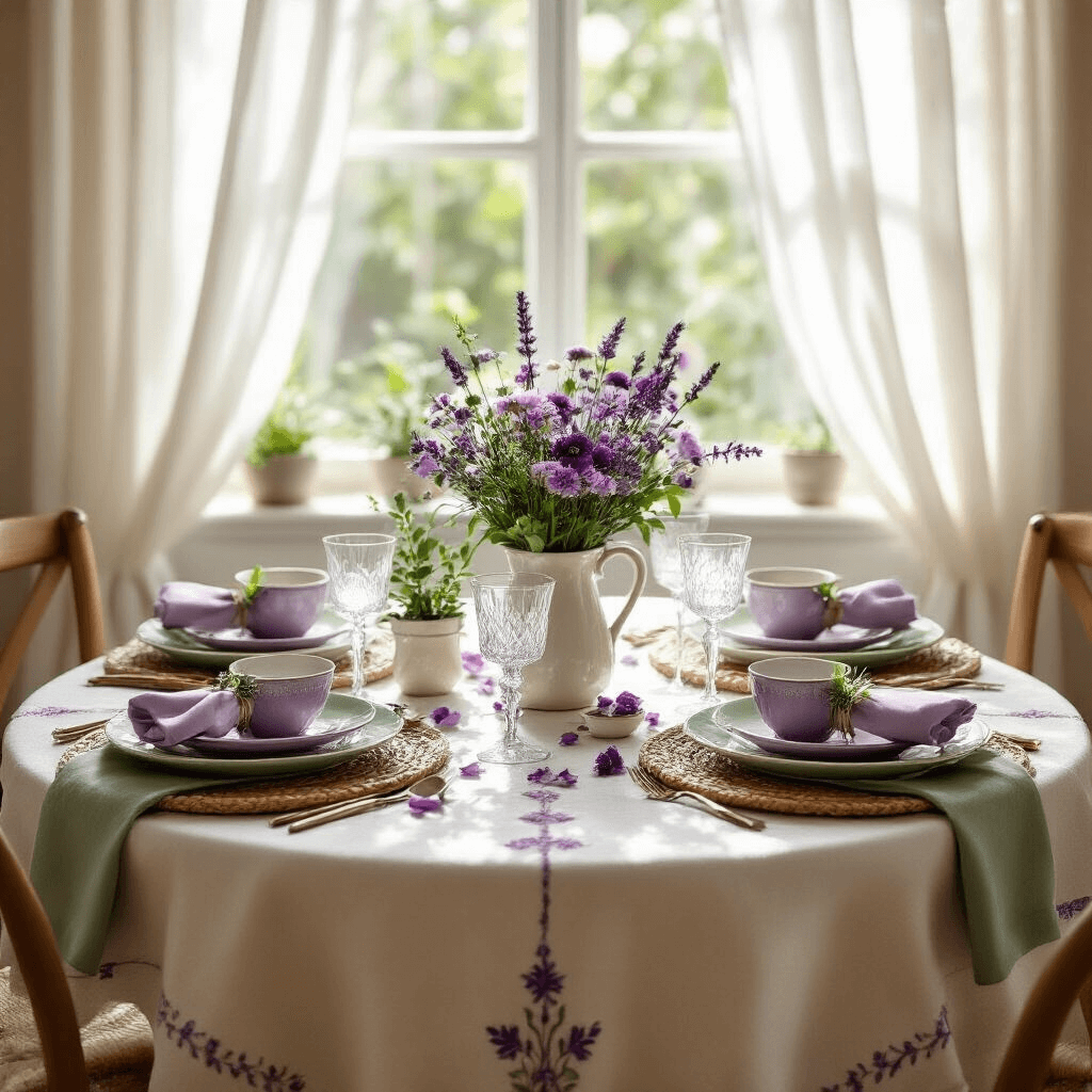 Why Purple and Green Together Transform Any Room Into a Garden Paradise Flat lay of an intimate breakfast celebration in soft morning light, featuring a round table set for four with purple and sage green china, crystal stemware, lavender plants, ivory linen tablecloth, and floral centerpieces, alongside artisanal breads and handwritten menu cards.