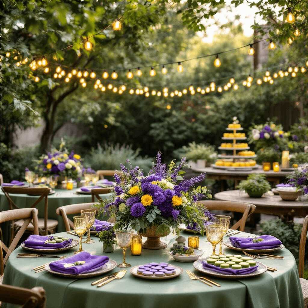 How Purple and Green Can Transform Your Home Into a Magical Haven An intimate garden party setup featuring round tables adorned with sage green linens and deep purple floral arrangements, illuminated by soft morning light. Rustic wood farm tables display dessert carts with purple macarons, surrounded by warm yellow string lights, showcasing layered textiles and personalized botanical signage in a vibrant garden atmosphere.