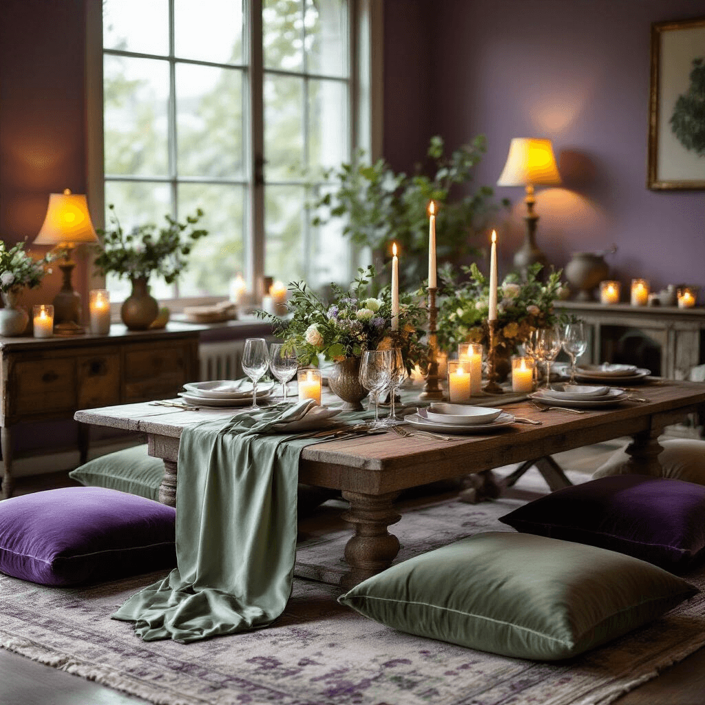 How Purple and Green Can Transform Your Home Into a Magical Haven Candlelit cozy living room set for an elegant dinner party, featuring muted purple walls, sage green accents, a rustic wood dining table with a sage green silk runner, surrounded by velvet cushions, ambient lighting from pillar candles, and simple eucalyptus and lavender centerpieces in marble vessels.