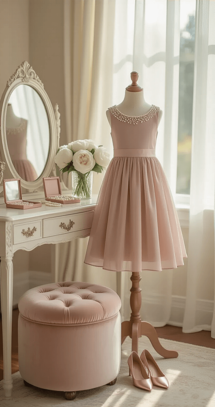 Junior Bridesmaid Duties: Everything You Need to Know About This Special Wedding Role A cozy junior bridesmaid preparation space featuring a vintage vanity with pearl white furniture, a delicate dusty rose dress on a dress form, pearl jewelry, and blush pink accessories, all illuminated by soft morning light filtering through sheer curtains.