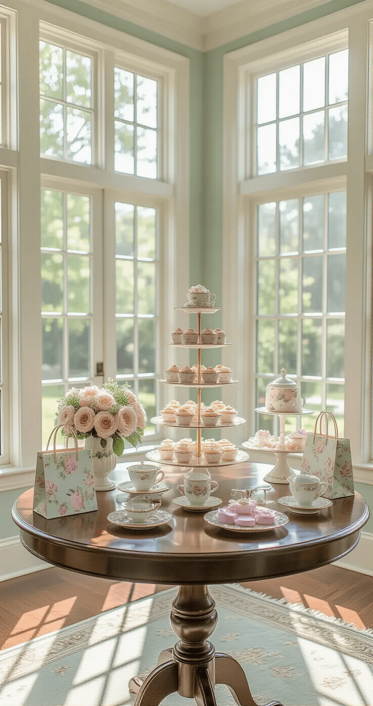 Junior Bridesmaid Duties: Everything You Need to Know About This Special Wedding Role Elegant bridal shower venue interior featuring a junior bridesmaid helper station bathed in afternoon sunlight, showcasing a spacious living room with high ceilings, crown molding, and hardwood floors. The round mahogany table is adorned with delicate china tea service and pastel petit fours, while the organized gift-wrapping station includes floral gift bags and silk ribbons. Fresh garden roses in vintage teacups and a dusty blue and sage green color scheme with metallic gold accents enhance the warm, celebratory atmosphere.