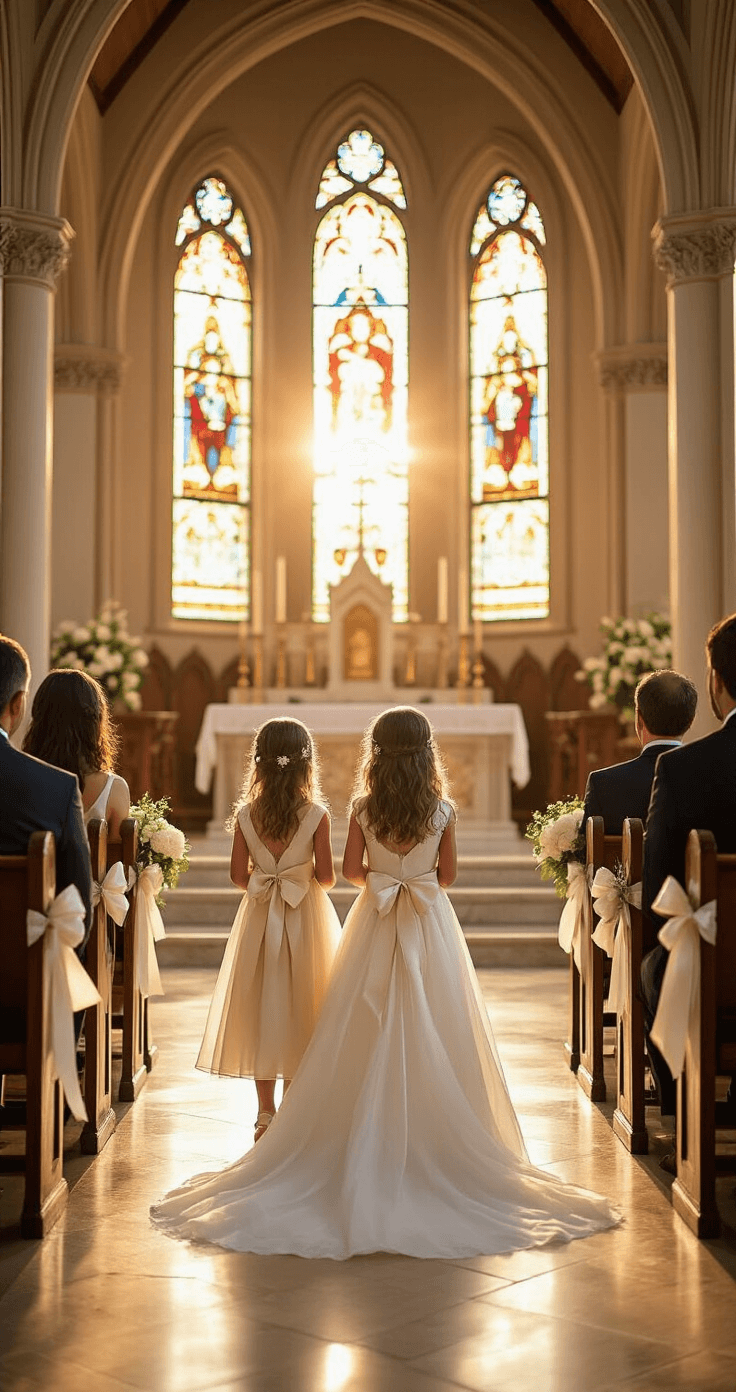 Junior Bridesmaid Duties: Everything You Need to Know About This Special Wedding Role A junior bridesmaid in a soft champagne dress holds a bouquet of white roses and baby's breath in a sunlit church ceremony space, surrounded by Gothic architecture and warm, jewel-toned light from stained glass windows.