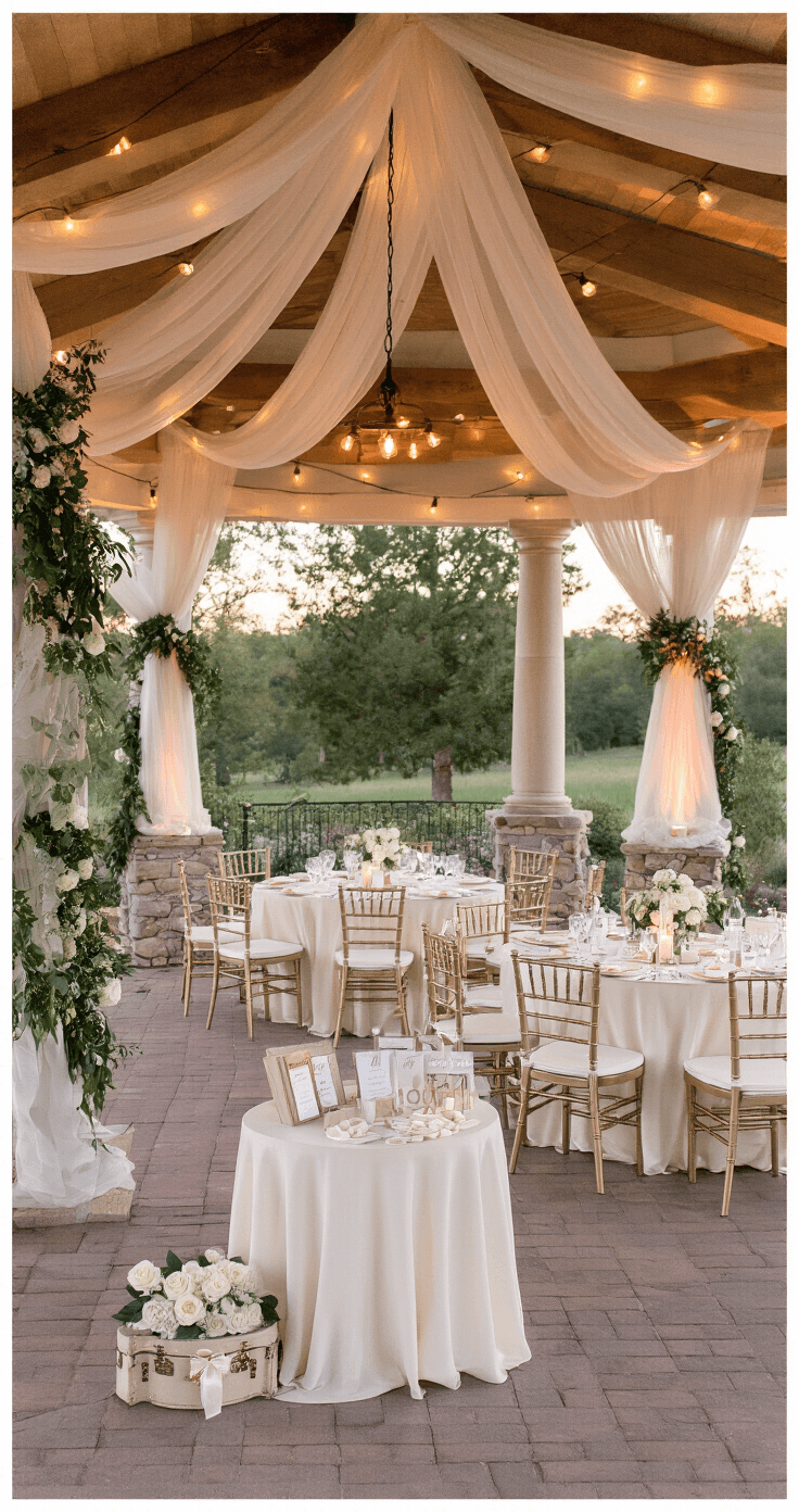 Junior Bridesmaid Duties: Everything You Need to Know About This Special Wedding Role Romantic garden reception area featuring an organized junior bridesmaid assistance station with string lights, draped pavilion, round tables with elegant centerpieces, and warm bistro lighting, all creating a magical evening ambiance.