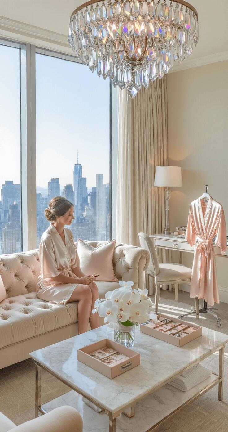 Junior Bridesmaid Duties: Everything You Need to Know About This Special Wedding Role A luxurious bridal suite featuring a junior bridesmaid getting ready, with floor-to-ceiling windows showcasing a city skyline. The room has a tufted champagne velvet sofa, a marble coffee table with white orchids, and a crystal chandelier. It includes a preparation area with a portable steamer, seating with plush pillows, a matching silk robe with an embroidered name, and a hair and makeup station. The soft ivory and blush color scheme is enhanced by natural morning light and elegant table lamps, creating a serene atmosphere of anticipation.