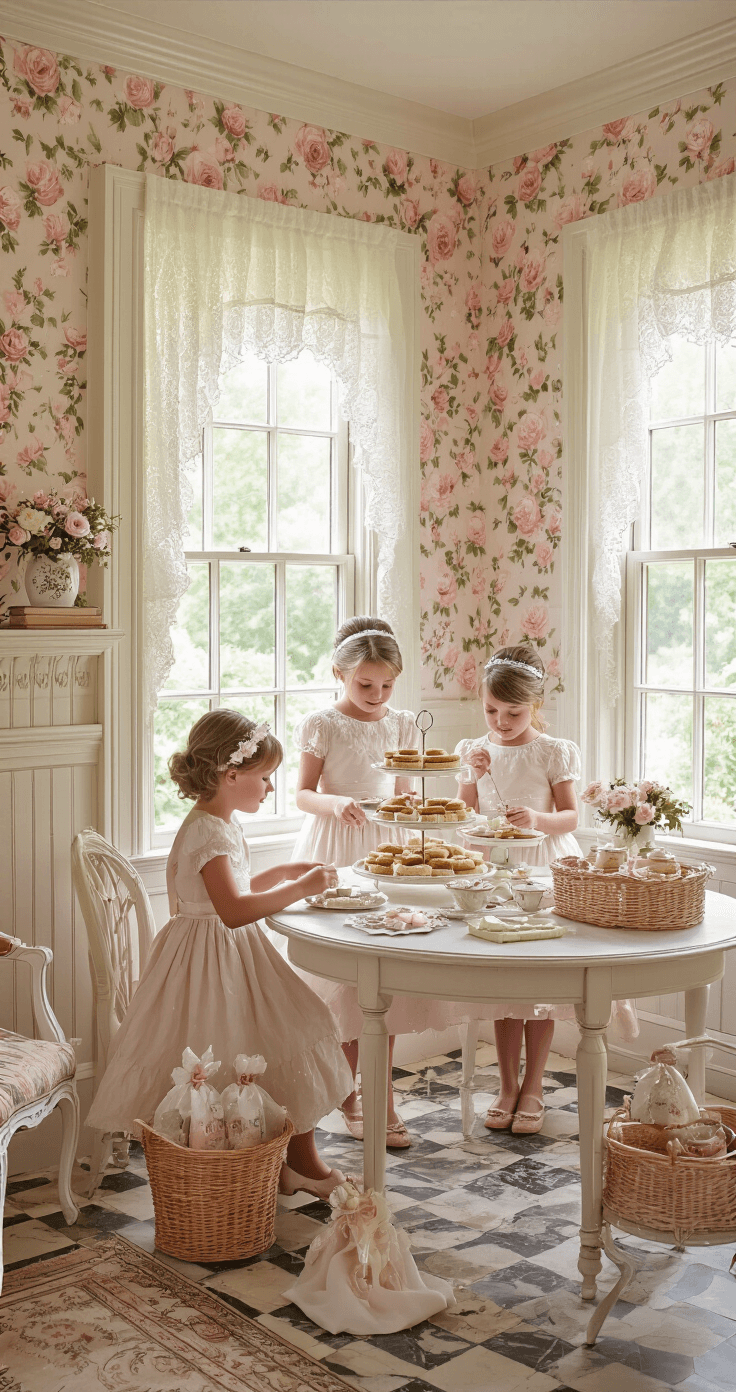 Junior Bridesmaid Duties: Everything You Need to Know About This Special Wedding Role A charming vintage tea room interior filled with junior bridesmaids engaging in wedding favor assembly activities, featuring warm afternoon light filtering through lace-curtained windows, floral wallpaper, an antique dining table set with delicate china, and a cozy atmosphere enriched by fresh flowers and nostalgic decor.