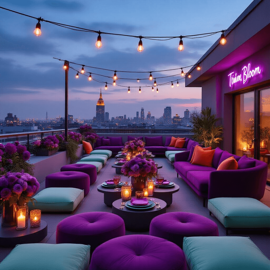 How Purple and Green Can Transform Your Home Into a Magical Haven Wide-angle view of a modern apartment rooftop terrace at night, featuring a Twilight Bloom Drama palette with rich purple, soft mint green accents, and bright orange and red pops. Intimate seating areas with low tables, mint green cushions, and purple velvet ottomans are illuminated by overhead string lights and purple neon signage. Centerpieces of rich purple dahlias and mint green succulents adorn the tables, complemented by sophisticated place settings with purple plates, mint green glassware, and bold orange napkins. A luxurious tiered birthday cake in purple fondant with mint green sugar accents and warm color details adds a playful touch.