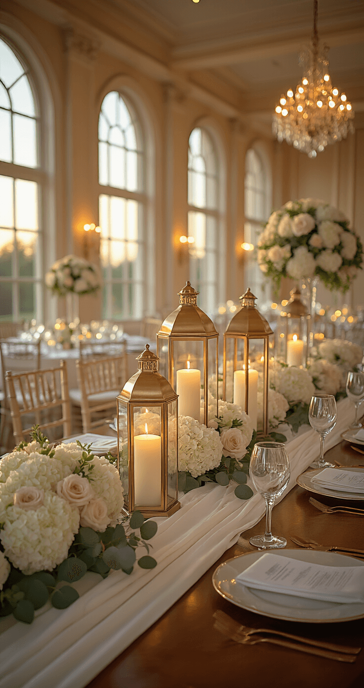 Transform Your Wedding Tables with Stunning Lantern Centerpieces That'll Leave Your Guests Speechless Photorealistic image of an elegant wedding reception table in a softly lit ballroom, featuring golden hour light streaming through arched windows, brushed gold lantern centerpieces surrounded by white hydrangeas and blush roses, crystal stemware, and gold-rimmed charger plates.