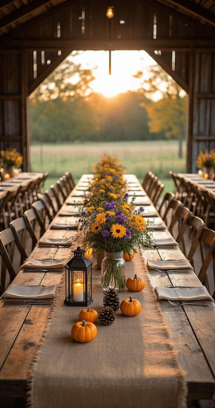 Transform Your Wedding Tables with Stunning Lantern Centerpieces That'll Leave Your Guests Speechless A rustic outdoor wedding reception inside a weathered barn, featuring long reclaimed wood tables adorned with burlap runners, distressed lanterns, wildflower mason jars, pinecones, and pumpkins, all illuminated by warm golden hour light and string lights overhead.