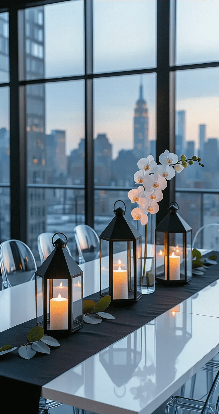 Transform Your Wedding Tables with Stunning Lantern Centerpieces That'll Leave Your Guests Speechless Contemporary minimalist wedding tablescape featuring a white lacquered table with black geometric lanterns, LED candles, and tall glass vases with white orchids, set in a loft with floor-to-ceiling windows and urban skyline at blue hour, accented by warm lighting and polished concrete floors.