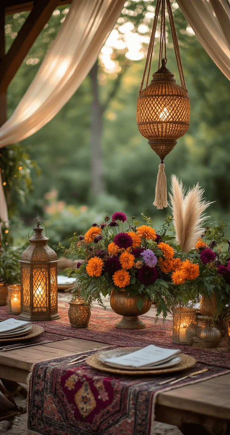 Transform Your Wedding Tables with Stunning Lantern Centerpieces That'll Leave Your Guests Speechless Boho-chic wedding centerpiece in an outdoor garden pavilion, featuring natural rattan lanterns, vintage brass vessels filled with vibrant flowers, and macrame plant hangers, all bathed in warm, filtered sunlight during magic hour.