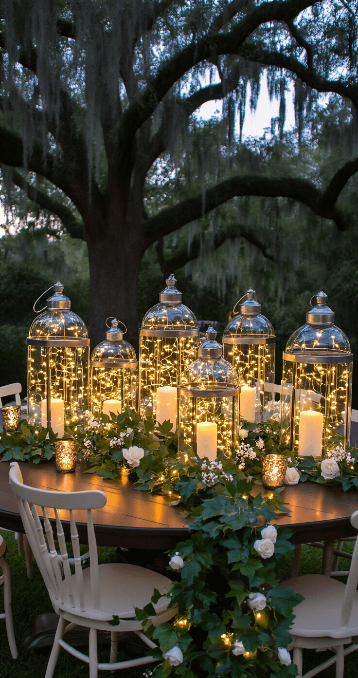 Transform Your Wedding Tables with Stunning Lantern Centerpieces That'll Leave Your Guests Speechless Creative lantern arrangement in an enchanted garden at twilight, featuring clear glass lanterns filled with fairy lights, surrounded by a dark walnut table, cream farmhouse chairs, and lush ivy garnished with white roses and votives, all illuminated by ambient uplighting and natural oak trees.