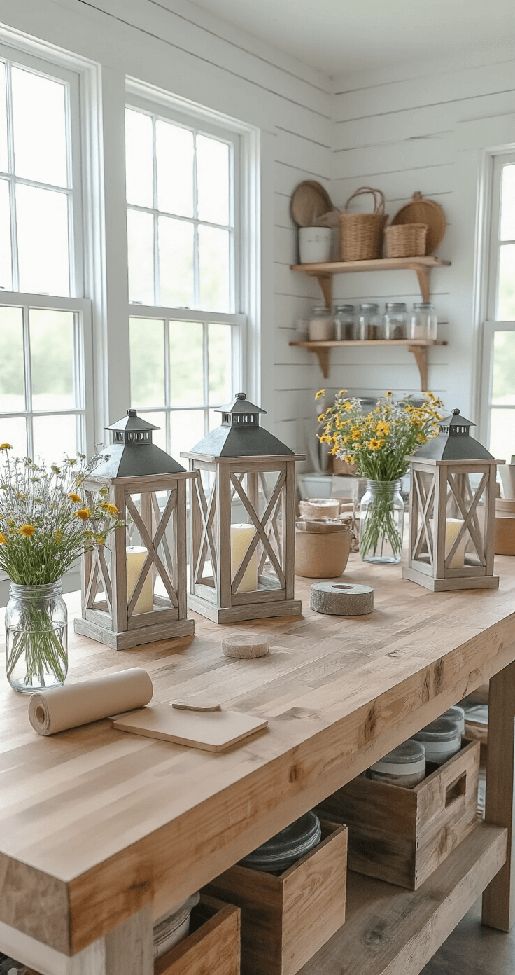Transform Your Wedding Tables with Stunning Lantern Centerpieces That'll Leave Your Guests Speechless DIY rustic lantern centerpiece workshop with unfinished lanterns on a butcher block workbench, weathered gray wood stain, and crafting supplies, illuminated by soft daylight from north-facing windows. The room features white shiplap walls, open shelving with glass jars, and a vintage stool, all creating an inspiring, organized atmosphere for crafting.