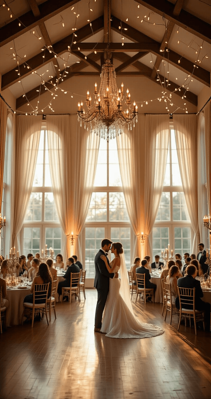 Last Dance Wedding Songs: How to End Your Night with Pure Magic Photorealistic image of an elegant wedding reception in a ballroom with vaulted ceilings, featuring golden hour lighting, Edison bulb string lights, and newlyweds slow dancing at center surrounded by guests in an intimate circle.
