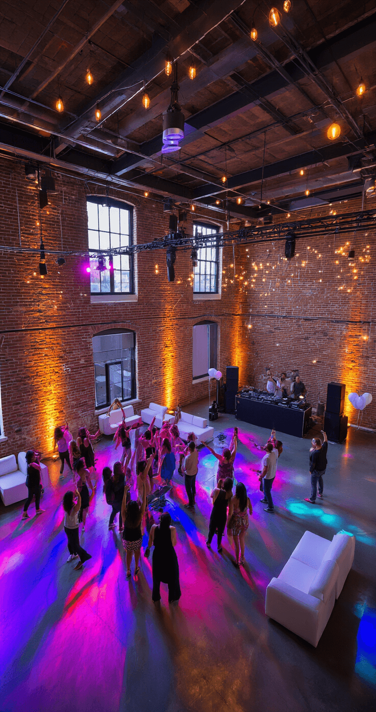 Last Dance Wedding Songs: How to End Your Night with Pure Magic A vibrant industrial loft reception space filled with guests dancing and celebrating under colorful LED lighting, featuring 15-foot exposed brick walls, polished concrete floors, and a sleek DJ booth, all emphasizing an urban chic aesthetic.