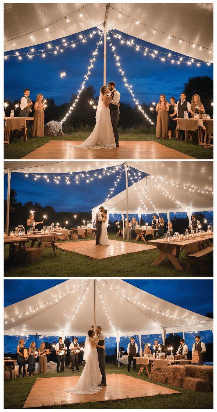 Last Dance Wedding Songs: How to End Your Night with Pure Magic Intimate backyard wedding reception under a starlit sky with a white canvas tent, cafe lights, rustic dance floor, and couple dancing surrounded by family holding sparklers, creating a magical bokeh effect.