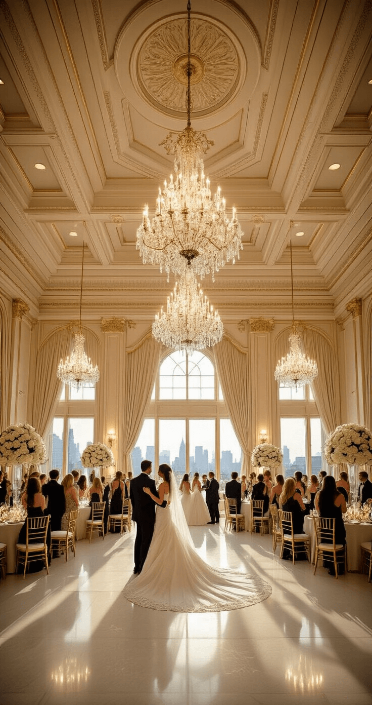 Last Dance Wedding Songs: How to End Your Night with Pure Magic Luxurious hotel ballroom with coffered ceilings and crystal chandeliers, featuring a polished marble dance floor and formal attire guests, as the bride and groom share an elegant last dance; warm lighting and city skyline visible through floor-to-ceiling windows.