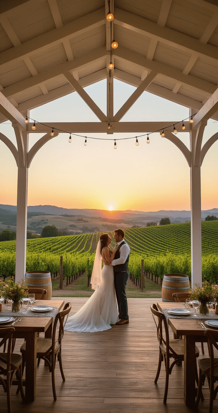 Last Dance Wedding Songs: How to End Your Night with Pure Magic A couple dances under cafe string lights in a contemporary vineyard reception space at sunset, surrounded by rustic farm tables, wildflower centerpieces, and panoramic views of rolling hills, with vibrant orange-pink skies above.