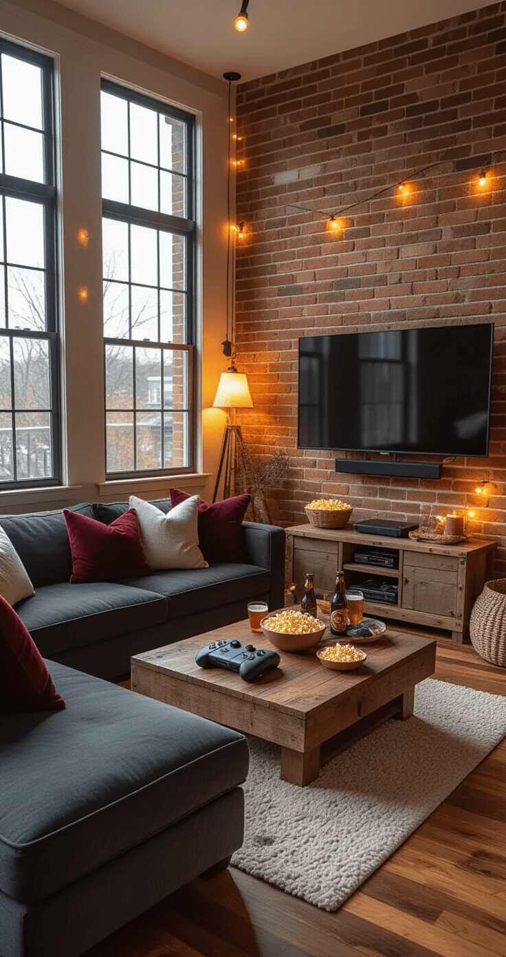 Virtual Date Night Ideas That Actually Work for Long-Distance Couples Cozy living room for virtual game night with exposed brick wall, hardwood floors, and a charcoal sectional sofa facing a wall-mounted smart TV, illuminated by golden hour light and ambient string lights. A reclaimed wood coffee table holds Nintendo Switch controllers, popcorn, and craft beer, surrounded by plush throw pillows in burgundy and cream.