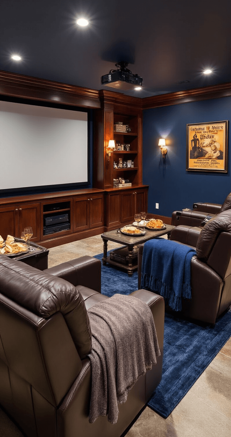 Virtual Date Night Ideas That Actually Work for Long-Distance Couples An elegant home theater room with navy walls, mahogany shelving, and leather recliners facing a projection screen, illuminated by warm recessed LED lighting. Cashmere throw blankets, wine glasses, and snack platters are on side tables, with a midnight blue area rug over polished concrete floors. Brass lighting and vintage movie posters add sophistication, viewed from behind the seating.