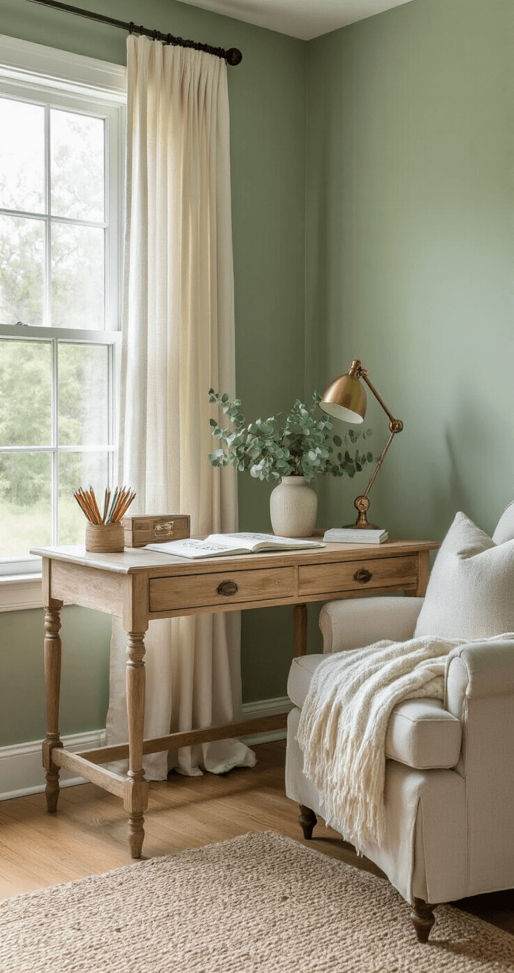 Virtual Date Night Ideas That Actually Work for Long-Distance Couples Serene bedroom corner transformed into a creative workspace with a sage green accent wall, vintage writing desk, and plush reading chair, bathed in soft afternoon light.