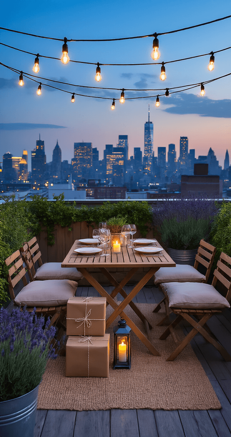 Virtual Date Night Ideas That Actually Work for Long-Distance Couples Romantic rooftop terrace for two during blue hour, featuring a weathered teak bistro table set with care packages, potted lavender and rosemary, vintage lanterns with LED candles, cozy linen floor cushions, and trailing ivy in galvanized planters, all illuminated by string cafe lights against a city skyline backdrop.