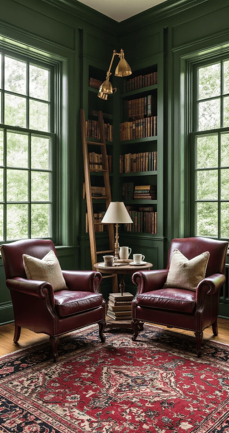 Virtual Date Night Ideas That Actually Work for Long-Distance Couples A cozy home library corner featuring forest green built-in shelves filled with books, two burgundy leather reading chairs angled for conversation, a vintage side table with coffee mugs, and brass reading lamps, all illuminated by soft natural light streaming through tall divided-pane windows, set on a Persian rug over hardwood floors.