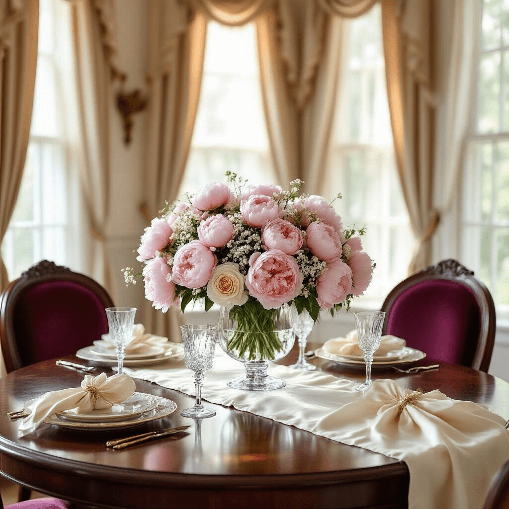The Complete Guide to Stunning Peony Bouquets for Your Home Elegant dining room bathed in soft morning light, featuring a round mahogany table with a crystal vase of blush pink peonies and white garden roses, complemented by a silk cream table runner, fine china, and burgundy velvet chairs against a cream and gold backdrop.