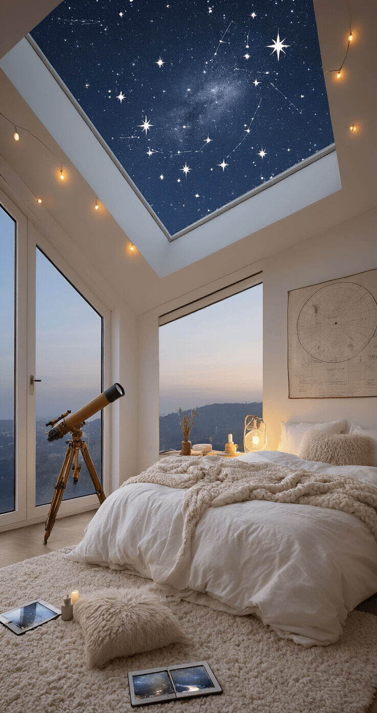 Virtual Date Night Ideas That Actually Work for Long-Distance Couples A dreamy bedroom with a king bed under a large skylight showing a twilight sky filled with stars. Edison bulb string lights create constellation patterns on the ceiling, while astronomy apps are open on tablets. The space features soft textures, including faux fur pillows and chunky knit blankets, with telescopes by floor-to-ceiling windows. An essential oil diffuser emits a subtle lavender scent, enhancing the romantic atmosphere.