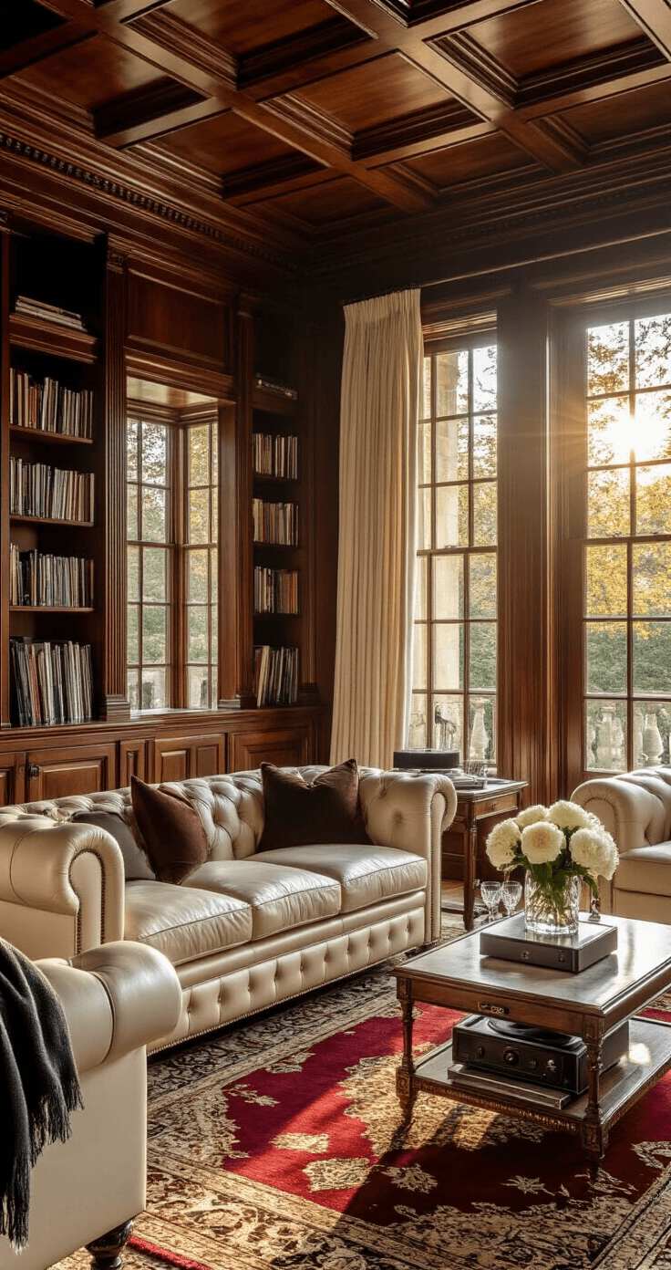 Why These Love Songs Hit Different Cinematic wide-angle shot of an elegant living room with mahogany built-ins and coffered ceilings, golden hour sunlight illuminating a cream leather Chesterfield sofa, antique Persian rug, vintage brass record player with vinyl collection, crystal whiskey decanter, and fresh white peonies in a crystal vase.