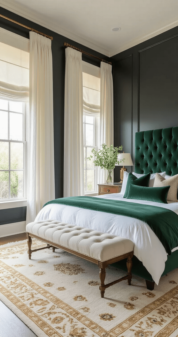 Why These Love Songs Hit Different Luxurious master suite featuring a deep emerald green tufted velvet headboard against a charcoal wall, with soft morning light filtering through sheer curtains, a California king bed in crisp white Egyptian cotton, vintage brass lamps, an antique mahogany armoire, fresh eucalyptus in a glass vase, and a plush cream and gold area rug.