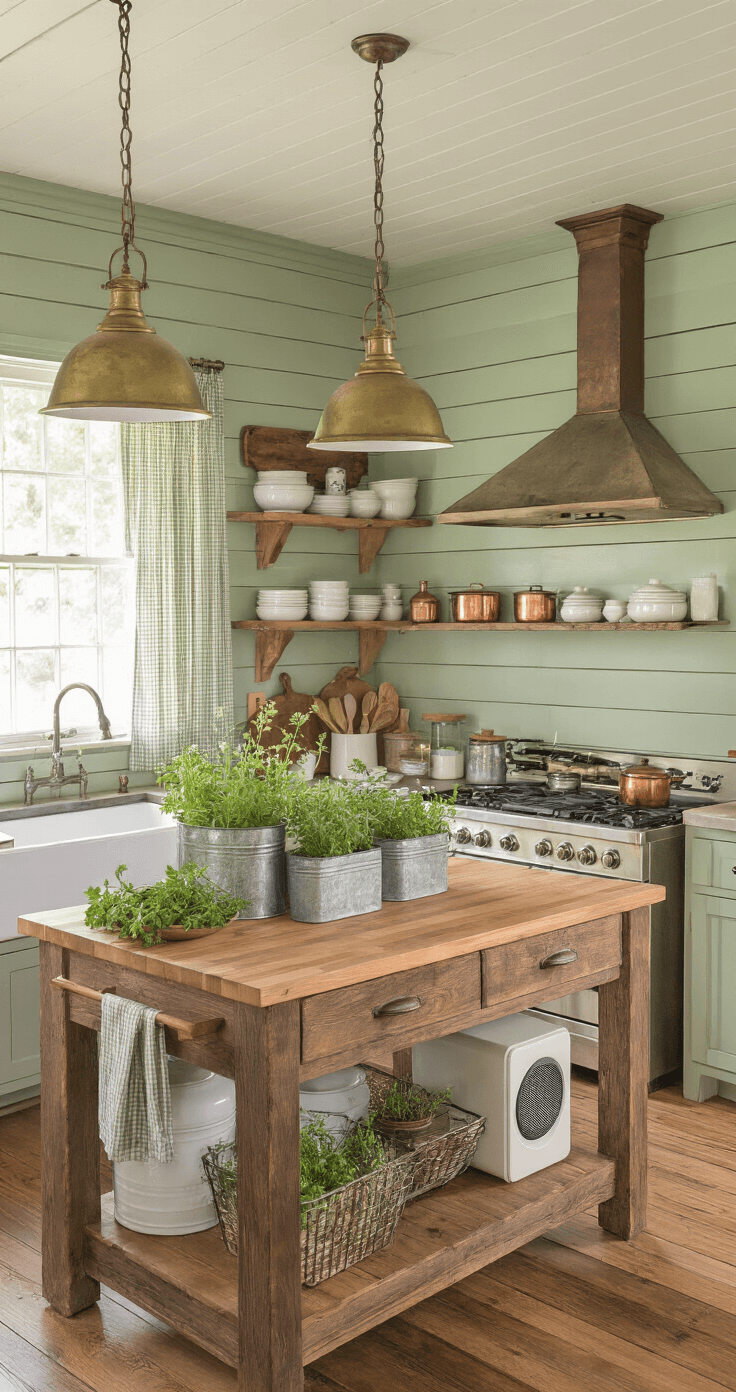 Why These Love Songs Hit Different A cozy rustic farmhouse kitchen featuring sage green shiplap walls, a butcher block island with fresh herbs, vintage cast iron stove, modern white ceramic Bluetooth speaker, and open shelving with ironstone dishes and copper pots, all illuminated by warm pendant lights during golden hour.