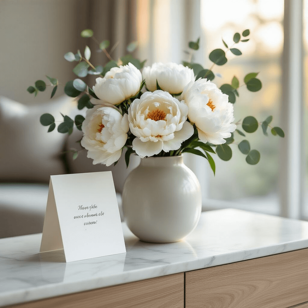 The Complete Guide to Stunning Peony Bouquets for Your Home Close-up of a modern living room console table with white peonies in a sleek ceramic vase, accented by eucalyptus branches, softly lit during golden hour, showcasing a minimalist design with a marble surface and neutral-toned walls.