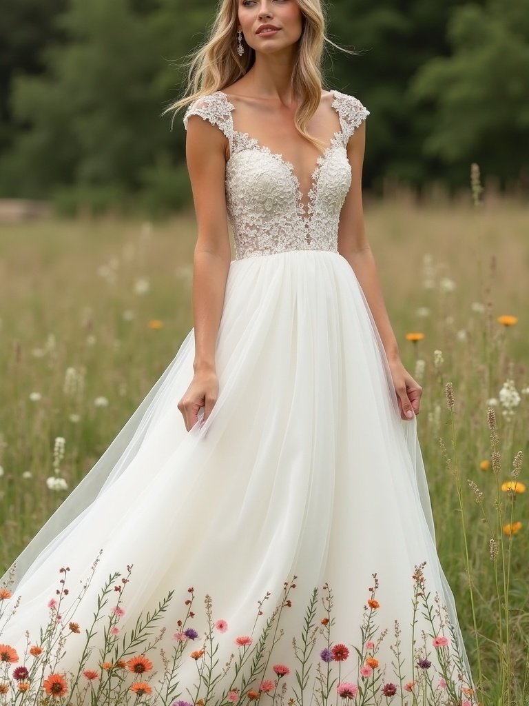 25 Western Wedding Dresses for a Rustic Romantic Celebration 19. Embroidered Wildflower Hems