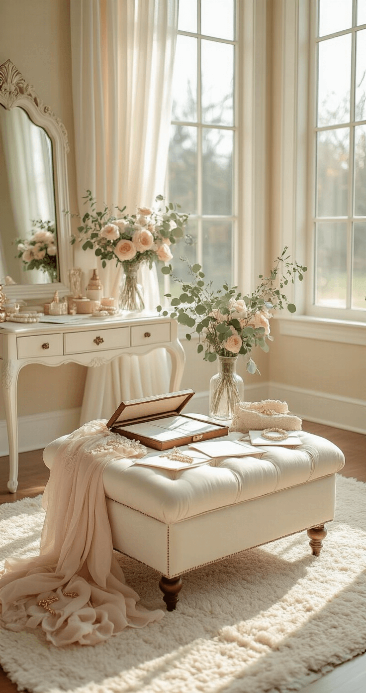Maid of Honor Duties: Your Complete Guide to Being the Ultimate Wedding Wingwoman A serene bridal suite adorned with soft golden morning light, featuring a white upholstered ottoman with an open vintage wedding planner, ivory invitation samples, and blush pink fabric swatches, set against elegant decor including a plush cream rug, an antique vanity with a mirror, and delicate eucalyptus sprigs in glass vases.