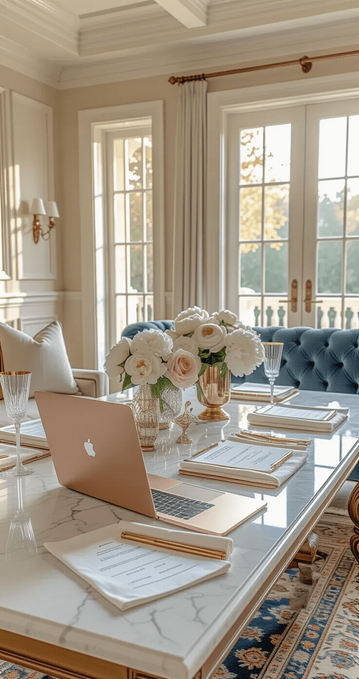 Maid of Honor Duties: Your Complete Guide to Being the Ultimate Wedding Wingwoman Elegant living room setup for a party planning session featuring a large marble dining table with planning materials, a tufted dusty blue sofa, fresh white peonies, and warm golden hour lighting through French doors.
