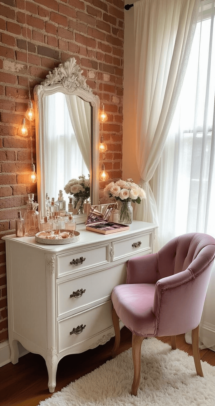 Maid of Honor Duties: Your Complete Guide to Being the Ultimate Wedding Wingwoman Intimate bedroom corner with soft morning light, featuring an antique dresser beauty station, ornate mirror with Edison bulbs, vintage perfume bottles, rose gold makeup organizer, mauve velvet chair, and wedding dress hanging, surrounded by a cream shag rug and white roses in mason jars.