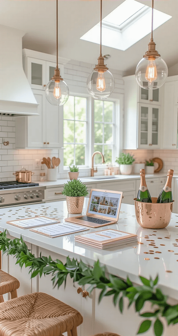 Maid of Honor Duties: Your Complete Guide to Being the Ultimate Wedding Wingwoman A modern kitchen island set up for a bachelorette party planning scene, featuring a quartz island with party materials, fresh greenery, champagne in ice buckets, and bright natural lighting from skylights.