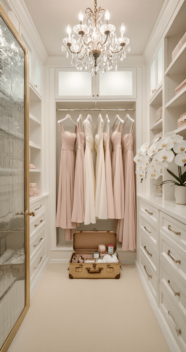 Maid of Honor Duties: Your Complete Guide to Being the Ultimate Wedding Wingwoman A luxurious 6x10 feet walk-in closet featuring built-in white cabinetry, illuminated by soft afternoon light. A gold wheeled garment rack displays bridesmaid dresses in graduated blush tones, while an open vintage suitcase below holds an emergency kit. A crystal chandelier casts a warm glow above, reflected in a full-length ornate mirror. The space includes cream carpeting, glass-front cabinets with organized accessories, and fresh white orchids on floating shelves, creating an elegant and stylish preparation atmosphere.